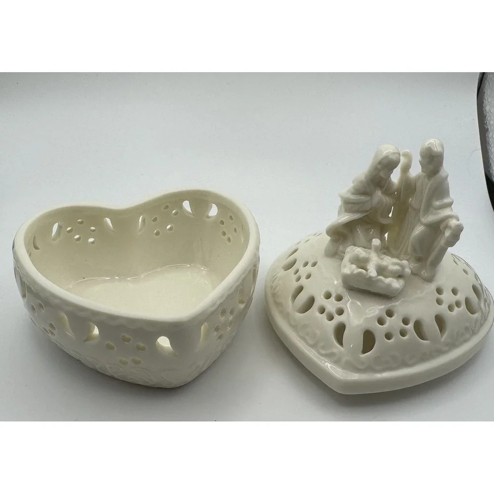 Vintage Jade Nativity Trinket Box Holy Family Jesus Mary Joseph Christmas Decor
